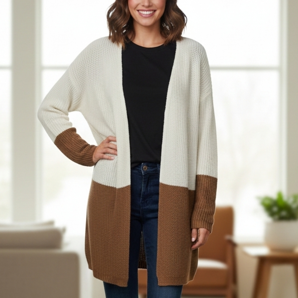 Mine New  Cream and Brown Colorblock Cardigan Size L